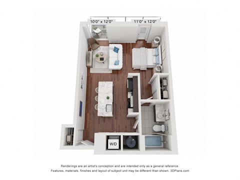 Floor plan for studio, 1 bath, 643 sqft